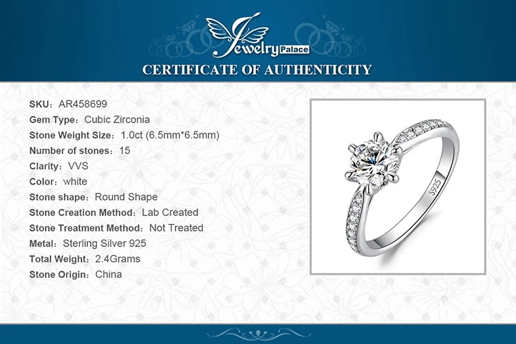 JewelryPalace 5A CZ Solitaire Classic Design 925 Sterling Silver Wedding Engagement Ring for Woman Anniversary Gift Fine Jewelry