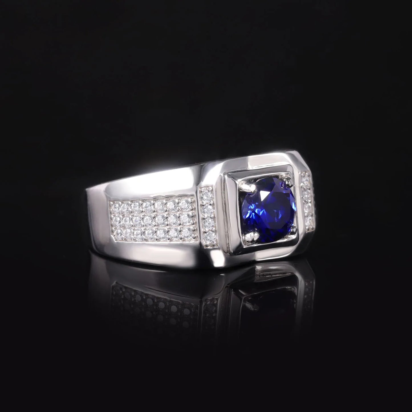 GEM'S BALLET 925 Sterling Silver Blue Sapphire Ring For Men Wedding 6.5mm 1.37Ct Round Lab Grown Sapphire Men's Statement Ring