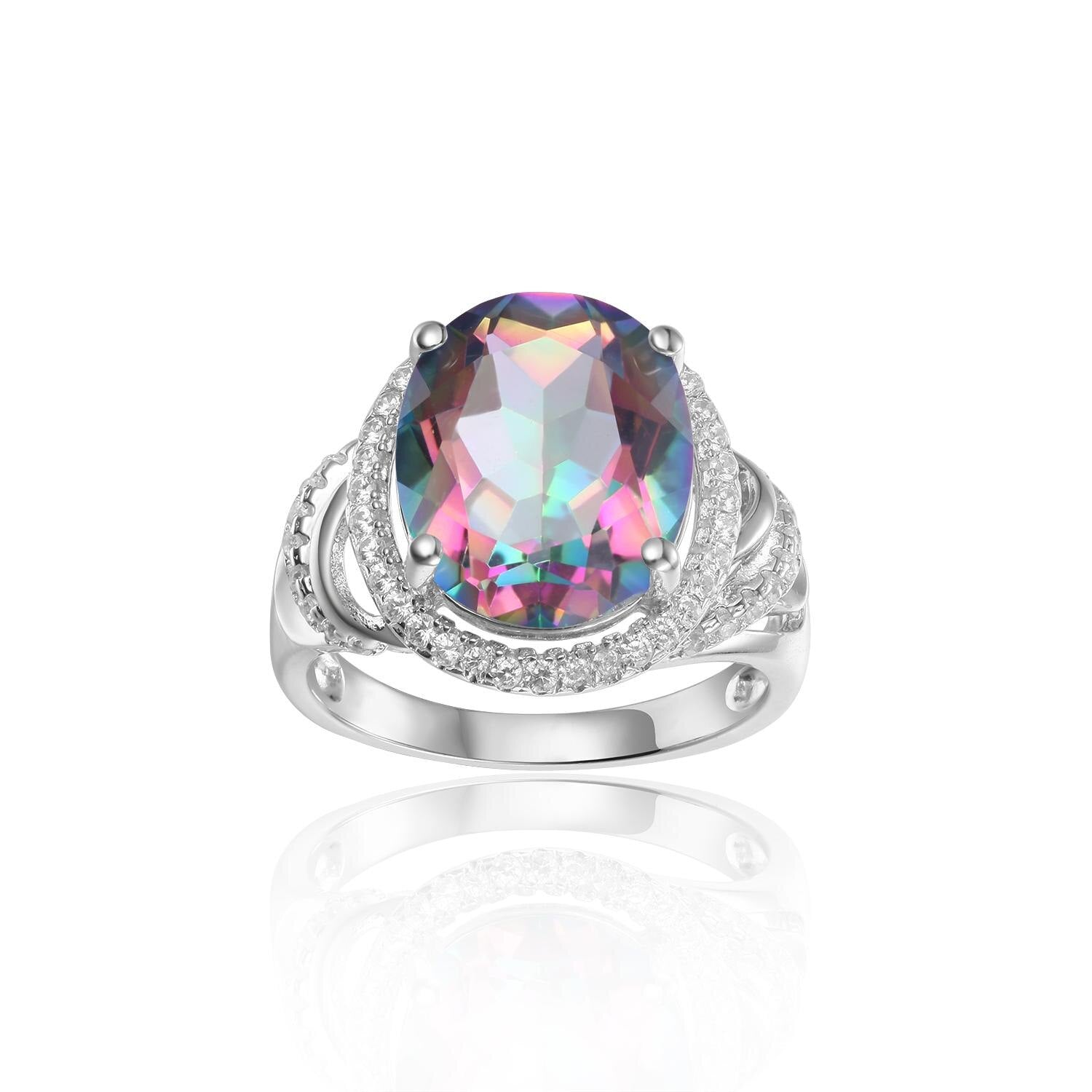 GEM&#39;S BALLET 4.36Ct 10x12mm Stunning Rainbow Mystic Topaz Birthstone Cocktail Rings in 925 Sterling Silver Gift For Her Rainbow|925 Sterling Silver