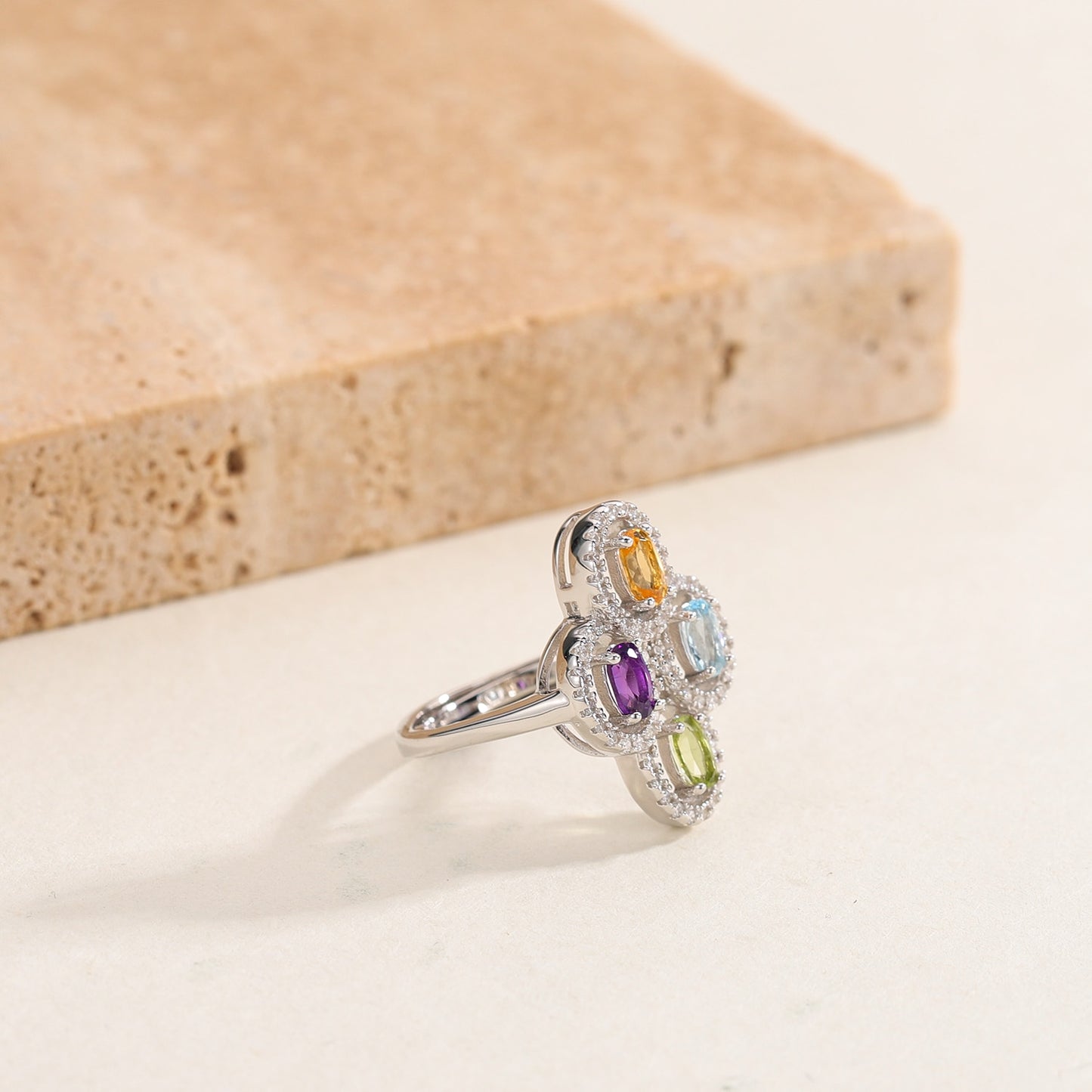 GEM&#39;S BALLET Clover Flower Ring Natural Amethyst Peridot Topaz Citrine Birthstone Ring in 925 Sterling Silver Gift For Her