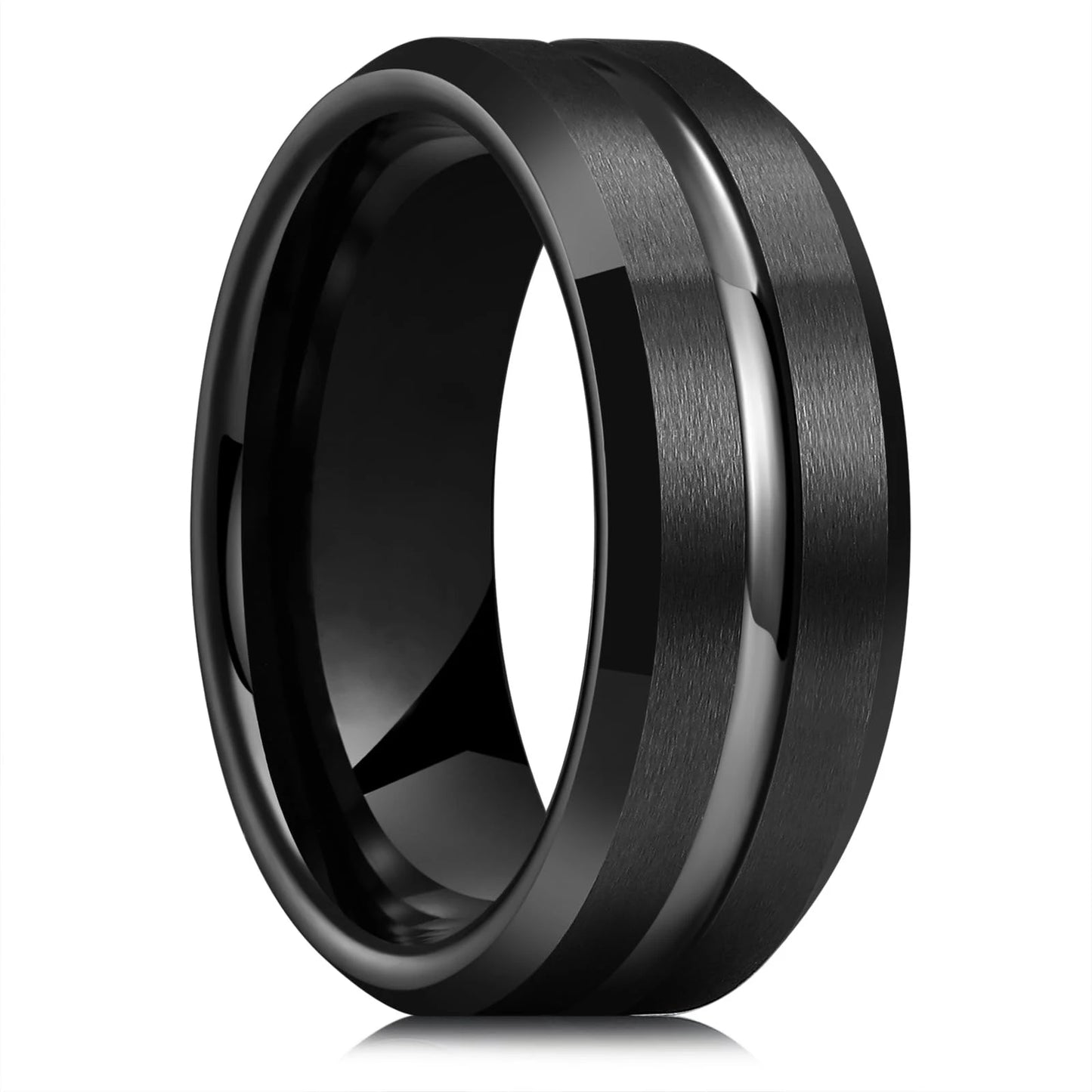 Trendy 8mm Gold Color Groove Beveled Edge Titanium Wedding Rings For Men Black Brushed Stainless Steel Ring Men's Wedding Bands