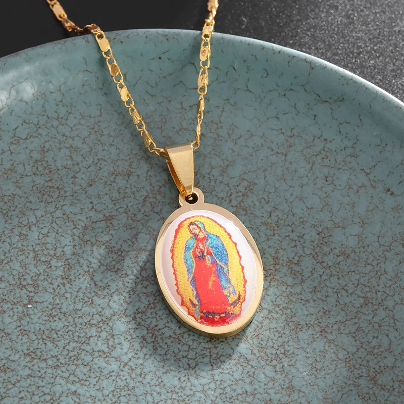 Classic Catholic Virgin Mary Square Pendant Necklace for Men Women Christian Religious Prayer Amulets Jewelry Gifts