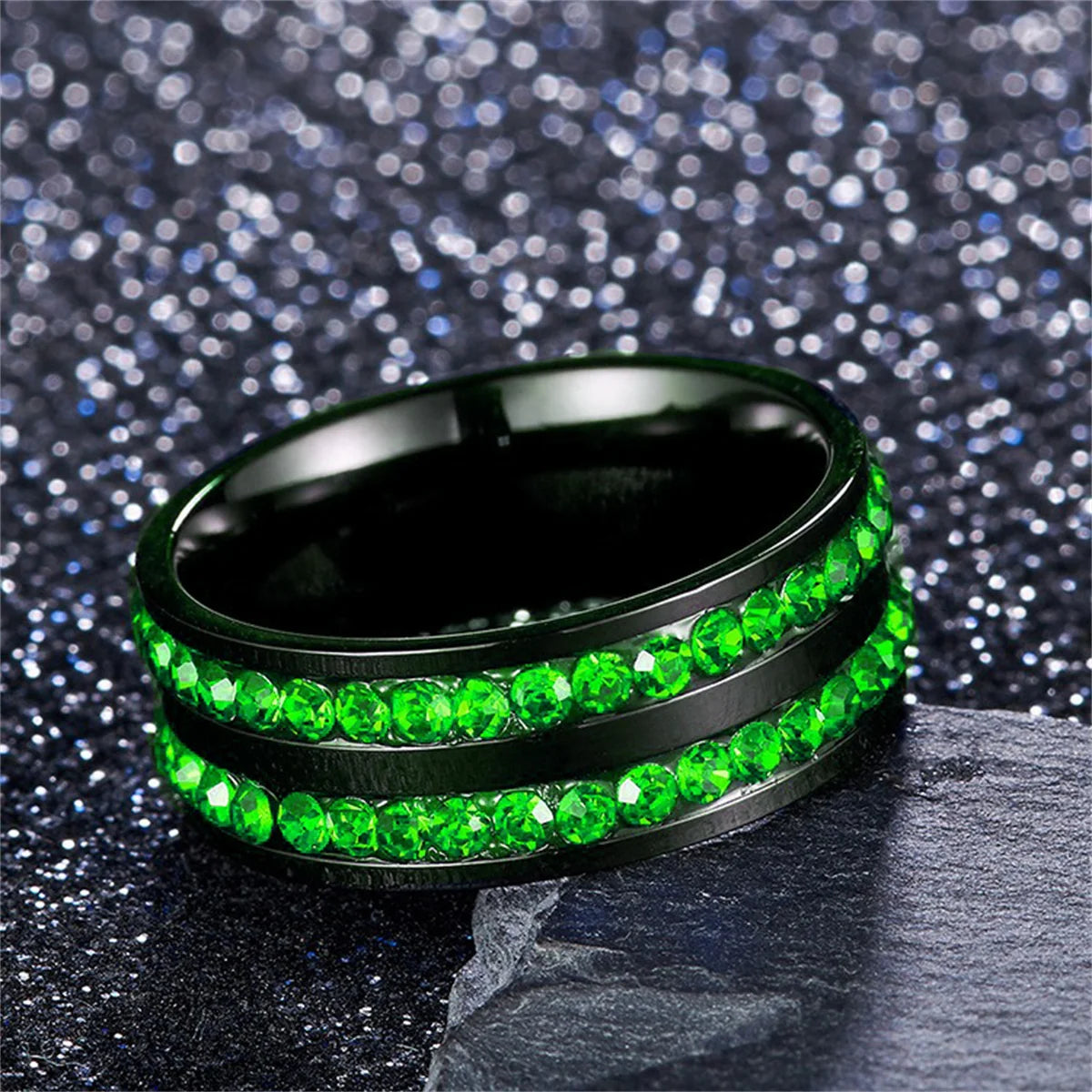 Fashion 8mm Double Row Rhinestone Stainless Steel Rings For Men Women Luxury Micro Paved CZ Crystal Rings Wedding Band Jewelry