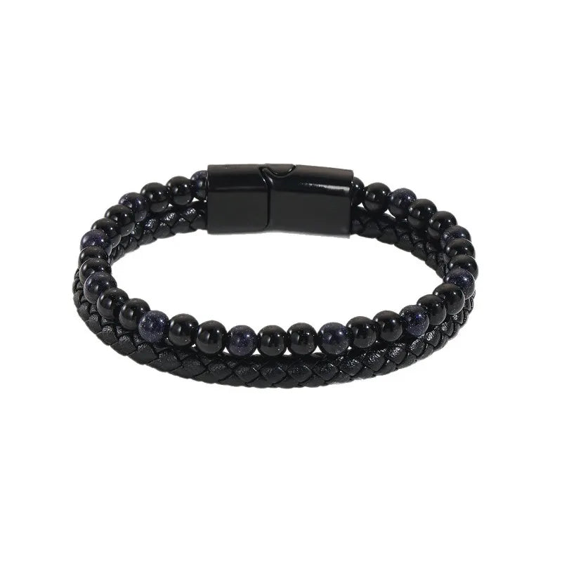 Black Shining Volcano Tiger Eye Bead Natural Stone Bracelet Men's Cowhide Rope Bracelet Hand String Jewelry Gift