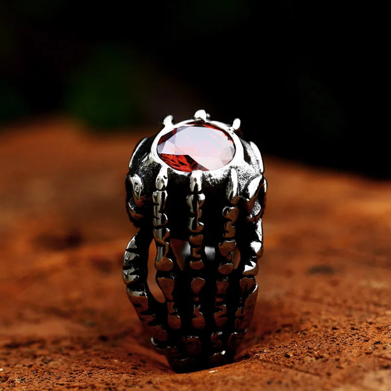 BEIER 2023 Updated 316L Stainless Steel  Skull Hand Bones Ring Paw Ring With Red Stone Punk Biker Jewelry Wholesale Gift