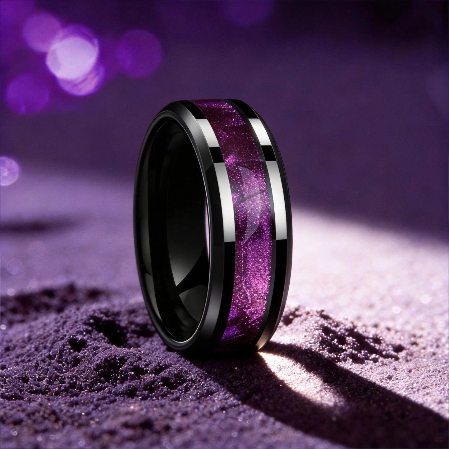 Fashion 8mm Stainless Steel Rings for Men Women, High Polished Purple Abalone Shell Inlay Ring, Men Wedding Party Jewelry
