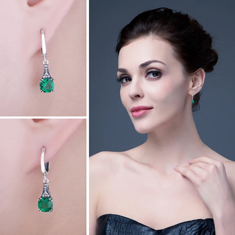JewelryPalace Vintage 2.1ct Cushion Simulated Nano Emerald 925 Sterling Silver Hoop Earrings for Woman Gemstone Fashion Jewelry
