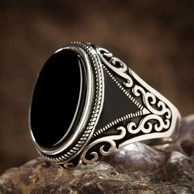 Retro Handmade Turkish Signet Ring for Men Women Ancient Silver Color Carved Eagle Ring Inlaid Red Zircon Punk Motor Biker Ring