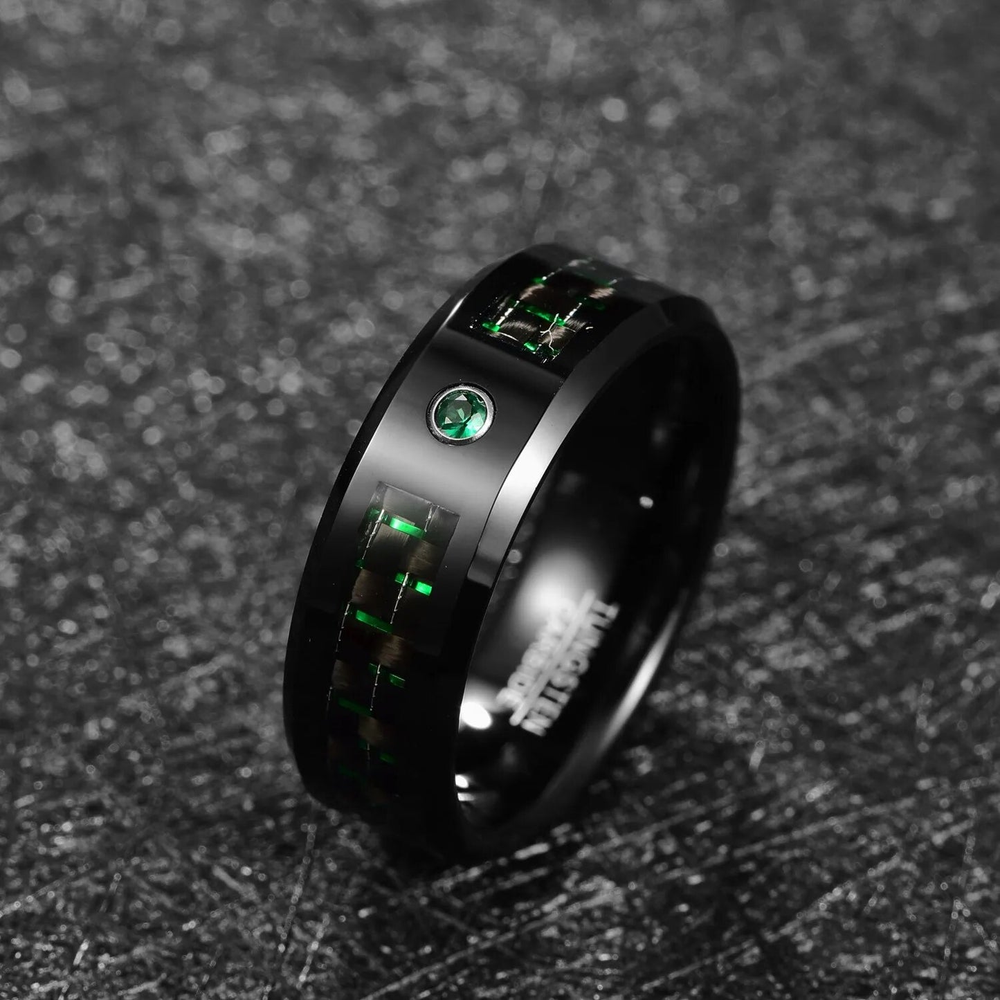BONLAVIE Black Inlaid Blue Green Red Carbon Fiber Zircon Tungsten Carbide Wedding Rings For Men Beveled Edge Comfort Fit Jewelry