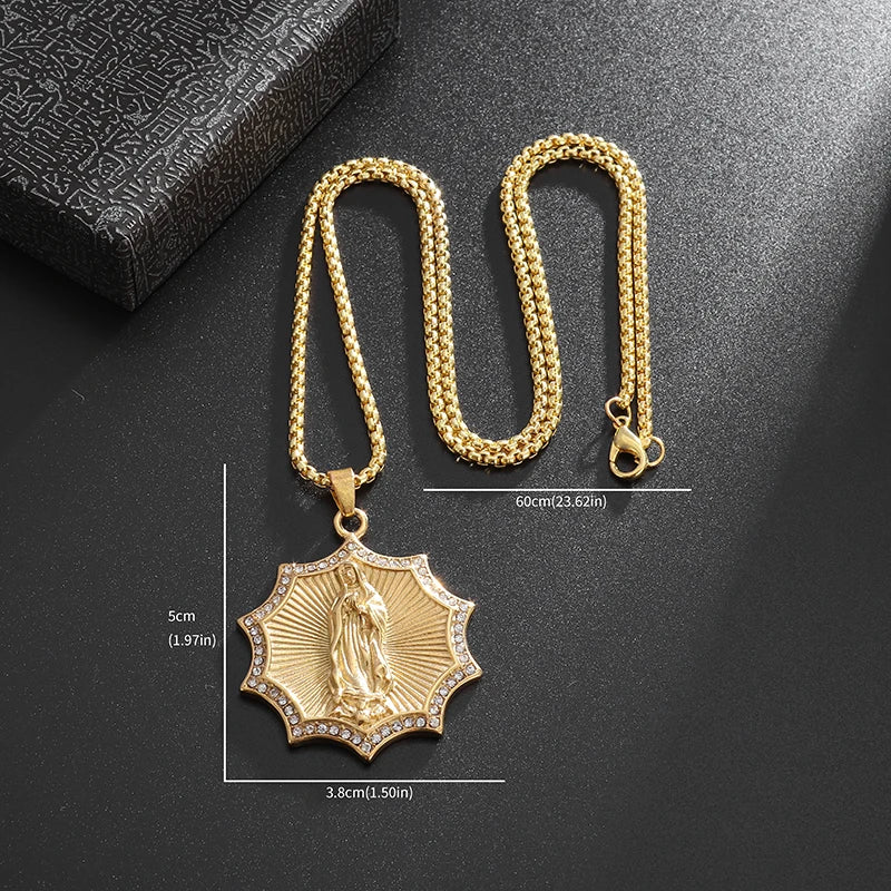 Classic Catholic Virgin Mary Square Pendant Necklace for Men Women Christian Religious Prayer Amulets Jewelry Gifts