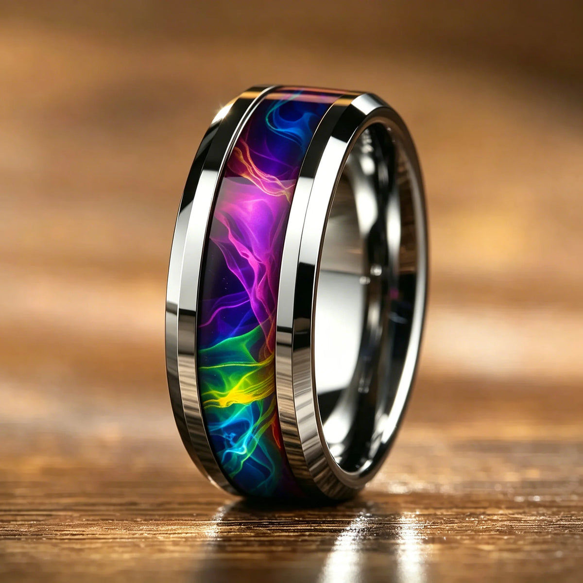 With Koa Wood Inlay Rings for Men Fashion 8mm Hammered Silver Color Men Stainless Steel Rings Wedding Band Jewelry Wholesale