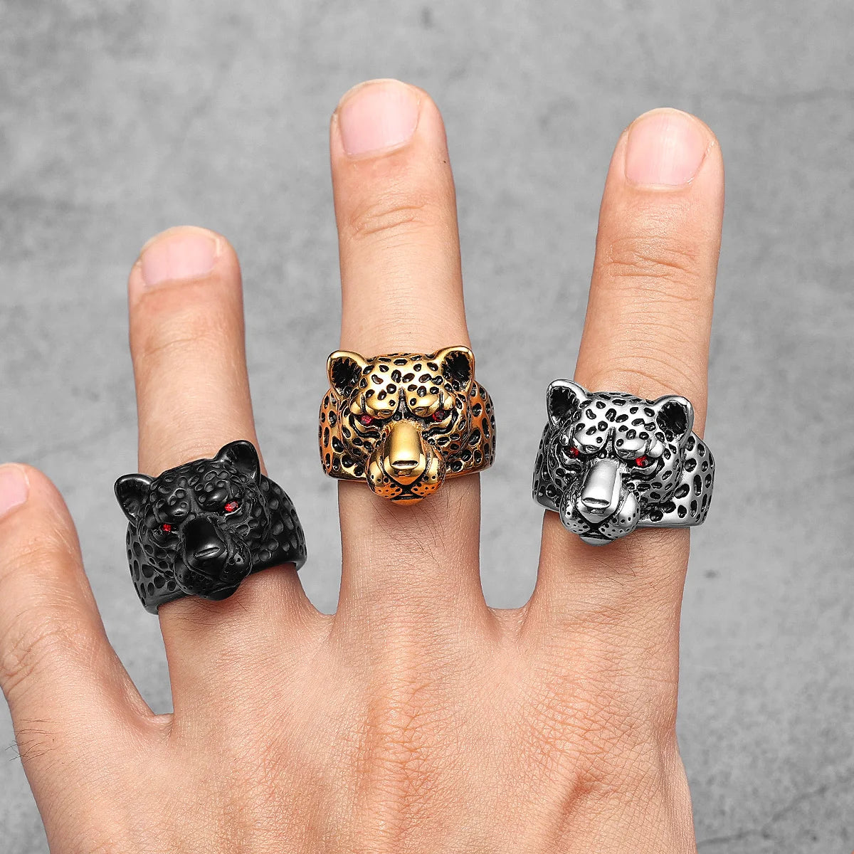 Leopard Ring Stainless Steel Men Jaguar Rings Wild Animal Punk Rock for Male Party Jewelry Halloween Accessories