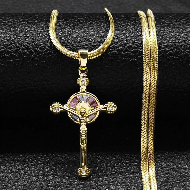 Vintage Shiny Zircon Jesus Cross Religious Amulet Necklace Women Stainless Steel Clavicle Snake Chain Choker Necklaces Jewelry