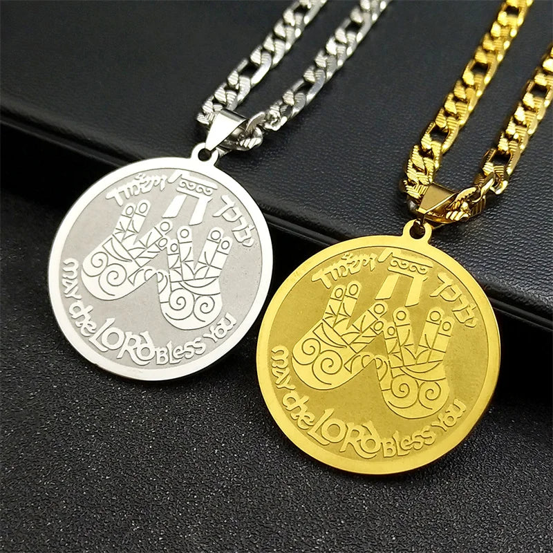 May The Lord Bless You Praying Hand Pendant Necklace For Women Men Stainless Steel Gold Color Round Medal Hebrew Hip Hop Jewelry