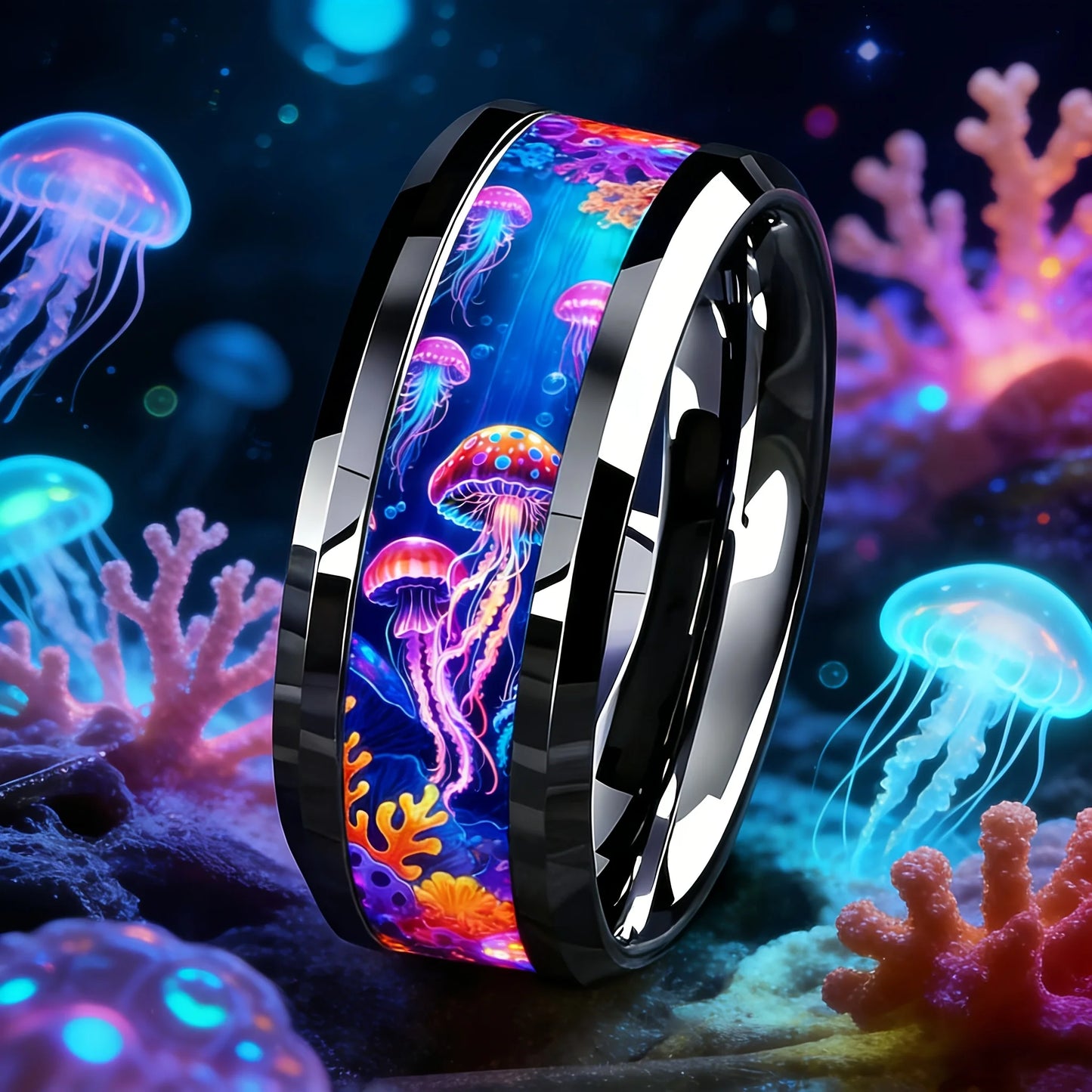 Cute Ocean-Themed 8mm Men Stainless Steel Ring with Dreamy Sea Jellyfish Pattern Inlay Rings for Teenager Wedding Party Jewelry