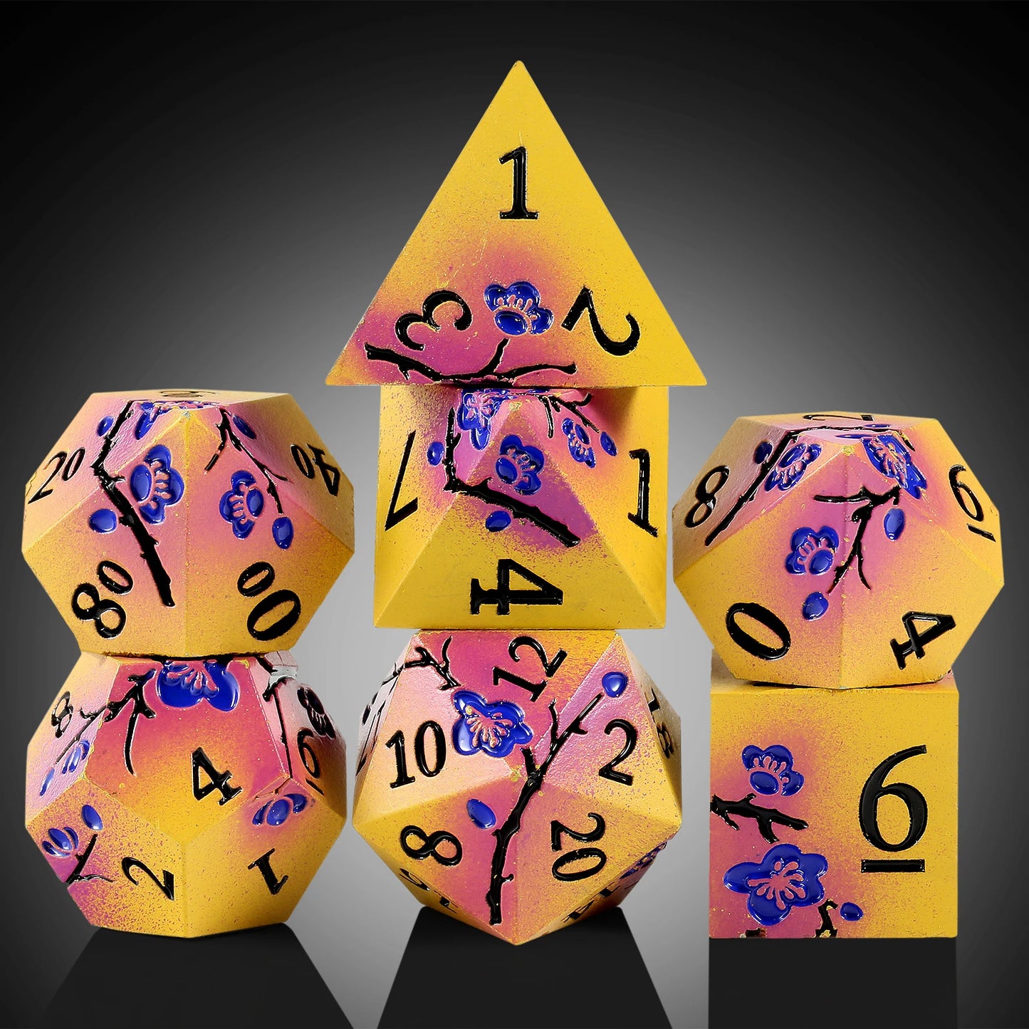 Metal Dice Set D&D, DNDND 7 PCS Flower Metallic DND Dice Set with Grogeous Gift Case for Dungeons and Dragon Tabletop Game Yellow and Purple