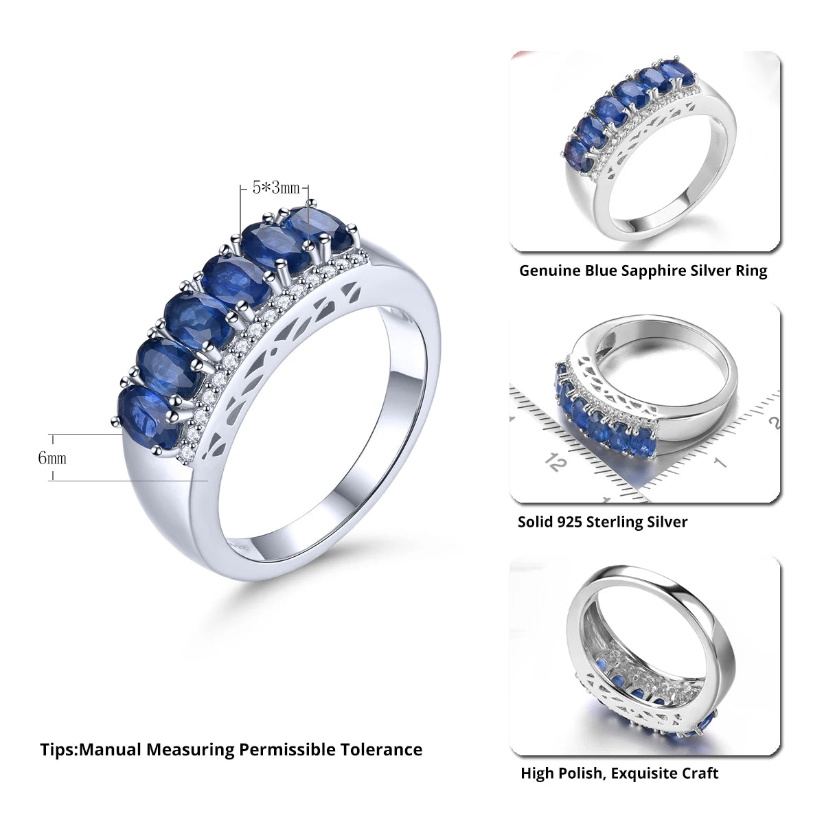 Natural Blue Sapphire Sterling Silver Rings Precious Genuine Sapphire 1.8 Carats Women Classic Wedding Engagement Fine Jewelrys