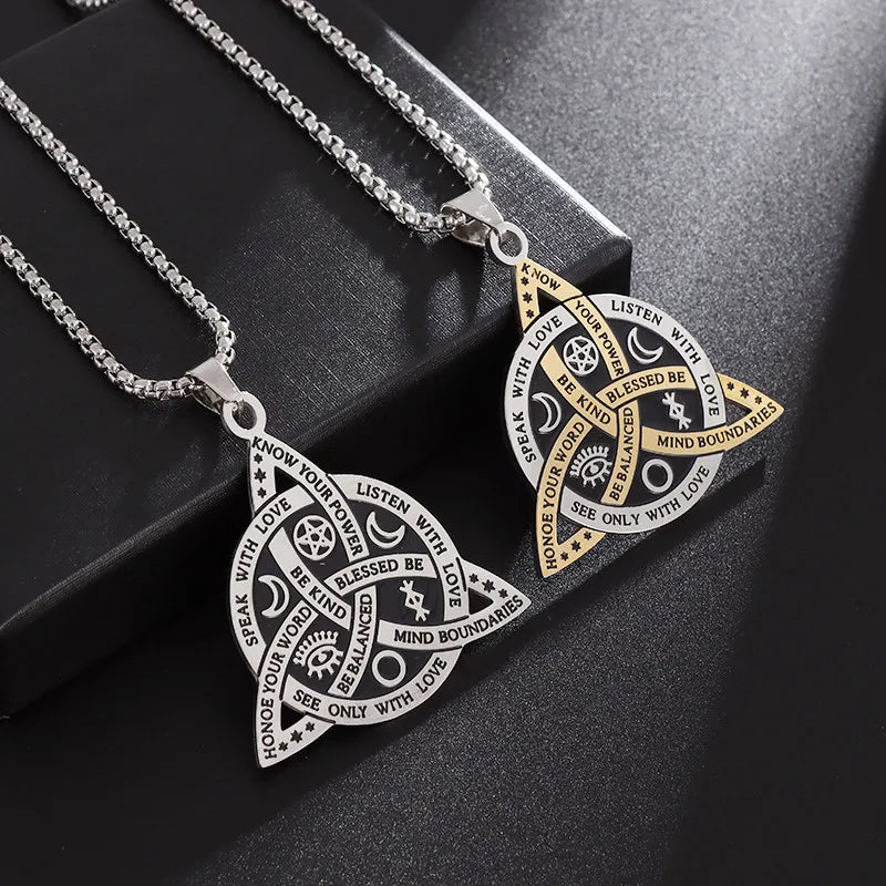 Stainless Steel Vintage Irish Celtic Trinity Knot Pendant Wiccan Witch Knot Moon Star Totem Necklace Men's Fashion Lucky Jewelry