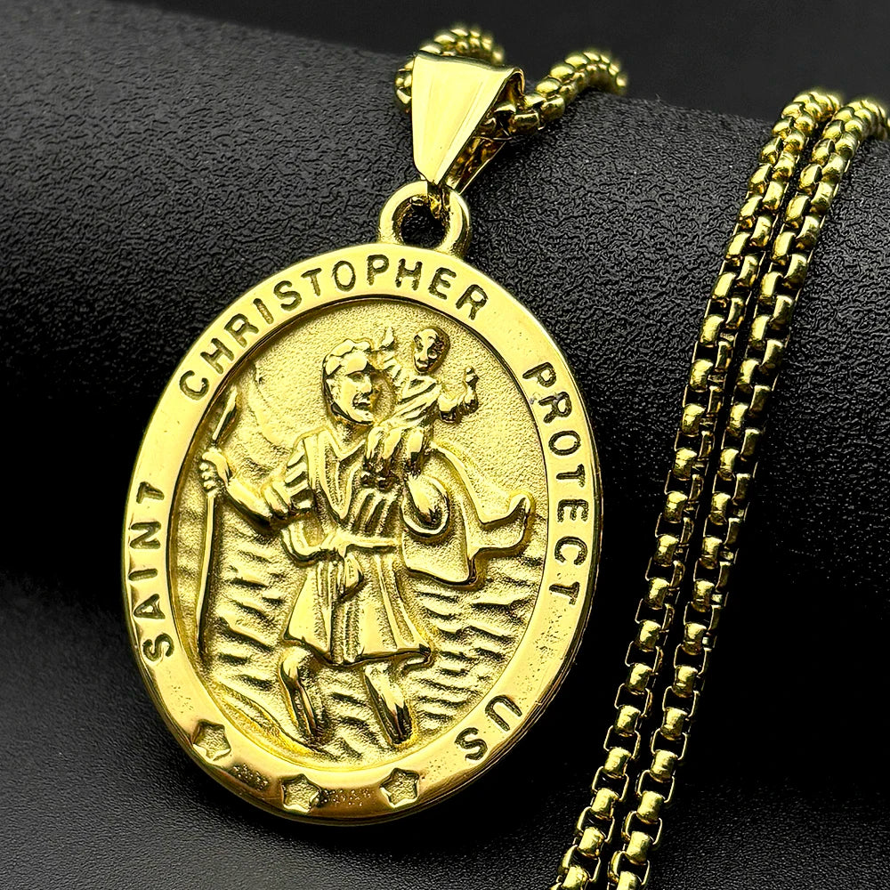 Saint Christopher Protect Us Cross Medal Necklace Stainless Steel Archangel Saints Protection Amulet Necklaces Jewelry NZZ303S05