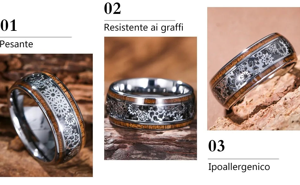 Hiphop Steampunk Men Black Stainless Steel Gear Wheel Rings Koa Wood Inlay Black Carbon Fiber Rings for Men Rock Biker Jewelry