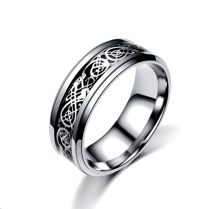 Fashion 8mm Black Stainless Steel Dragon Rings For Men Women Inlaid Blue Carbon Fiber Men Rings Punk Wedding Band Jewelry Gifts