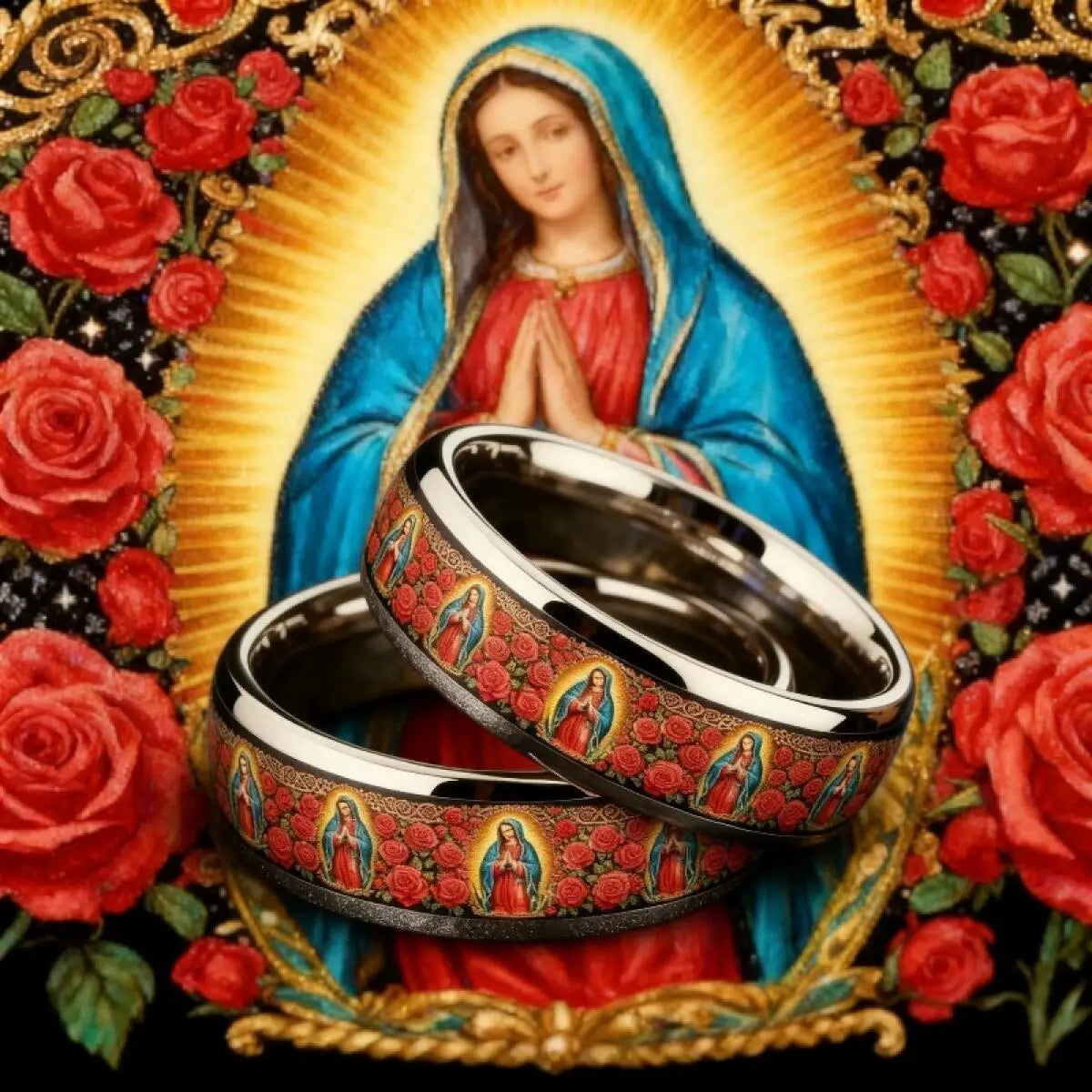 Vintage Our Lady of Guadalupe Ring Stainless Steel Christian Virgin Mary Rings For Men Women Religious Lucky Amulet Jewelry Gift