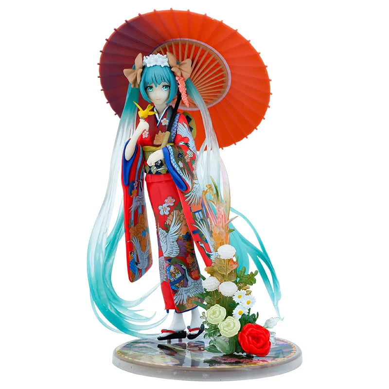 Boxed 22CM New Anime Hatsune Miku kimono Umbrella Beautiful girl series PVC Action figure Model toys doll Ornaments fans gifts