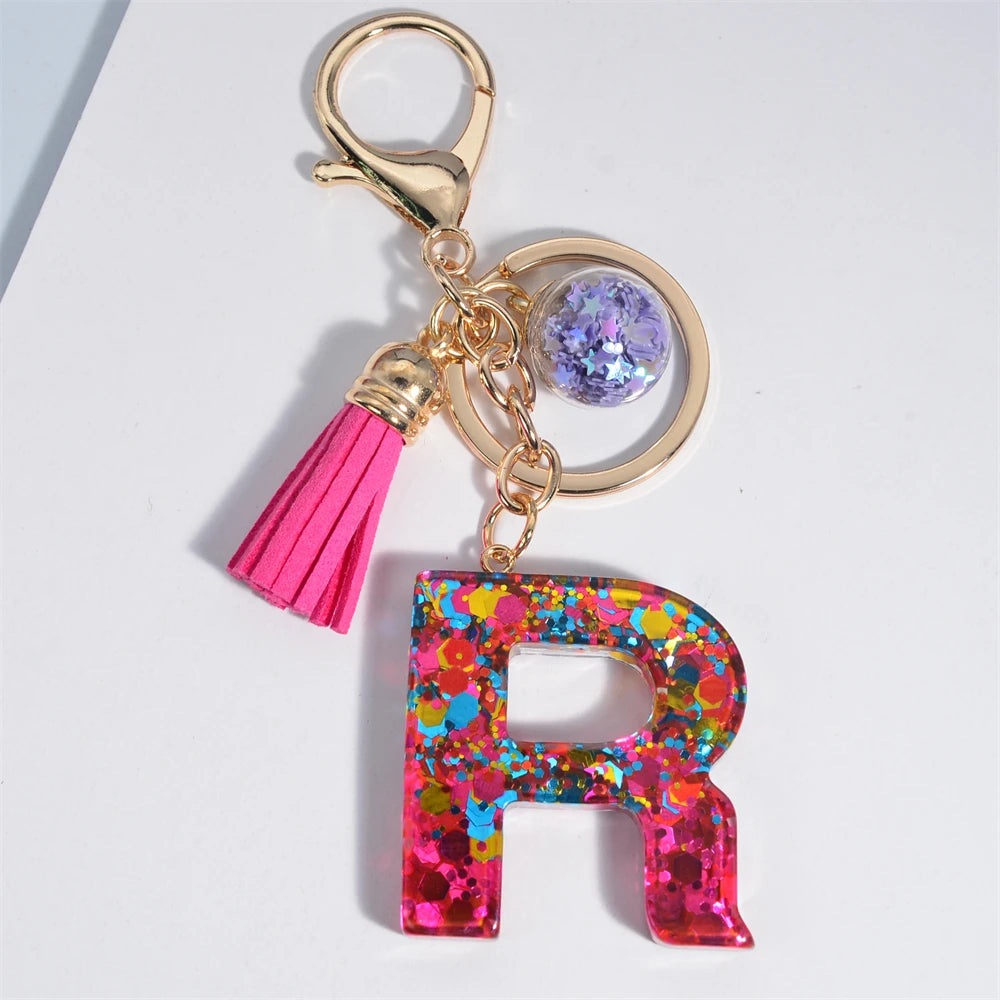 Colorful Letter Keychain Pendant Glitter Sequin Resin Key Chain Tassel Charms With Ball Keyring Jewelry For Women Bag Ornaments R