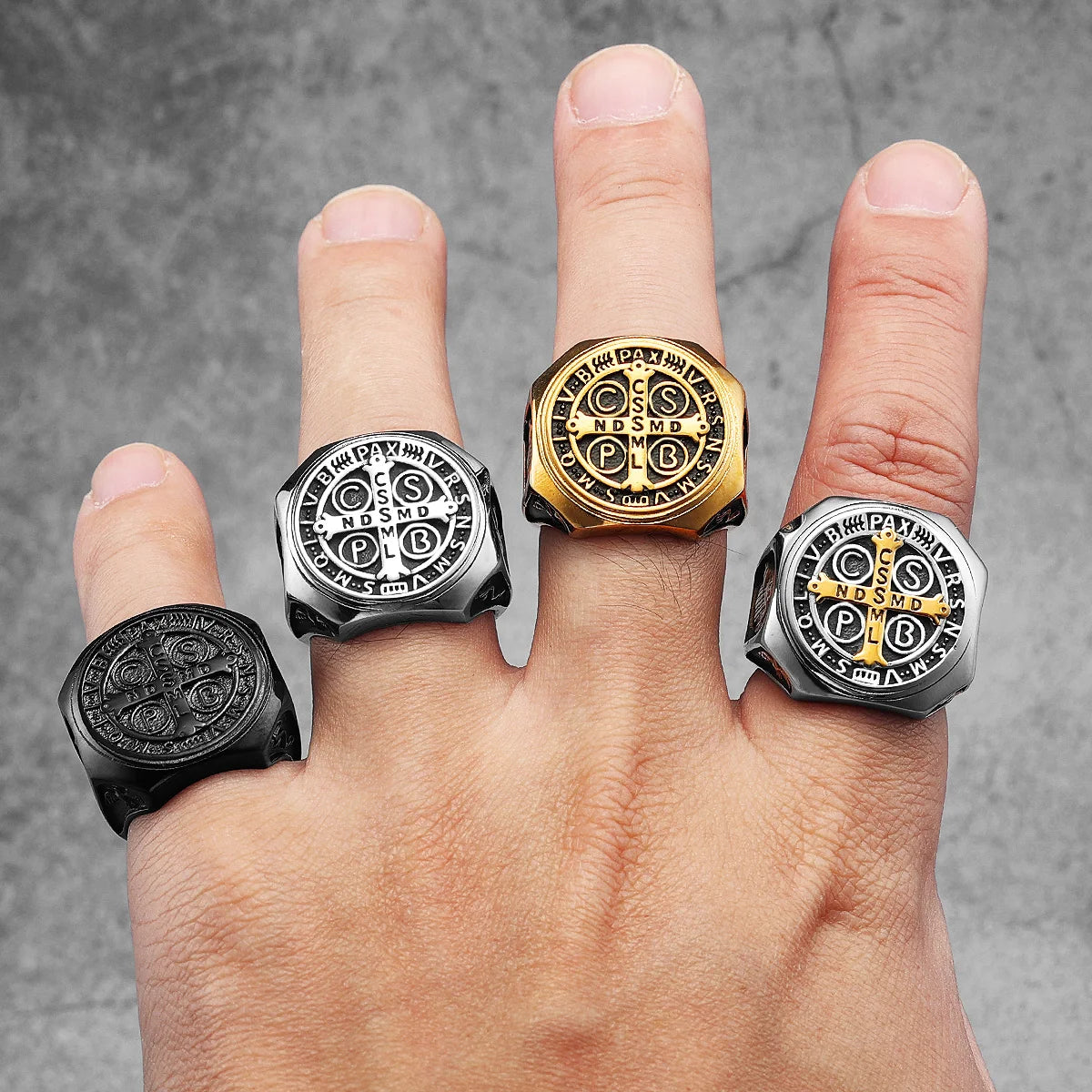 Catholic Saint Benedict Exorcism Amulet  Men Rings Stainless Steel Women Jewelry Vintage Punk Fashion Accessories Gift Wholesale