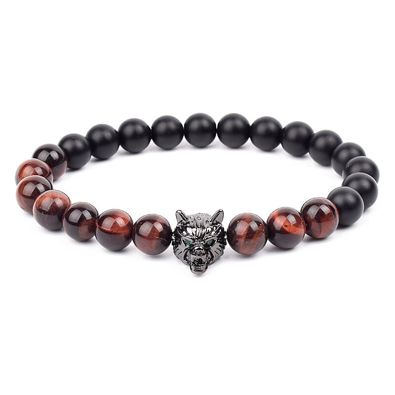 Wolf Charm Bracelets Men Natural Black Agates Onyx Stone Bracelet Brave Blue Tiger Eye Elastic 8 mm Beads Jewelry Beaded Pulsera Red tiger eye 1