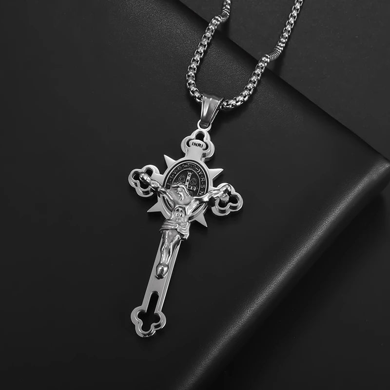 Italian Christian Saint St. Benedict Cross Stainless Steel Necklace Pendant Men and Women Religion Catholic Jesus Amulet Jewelry