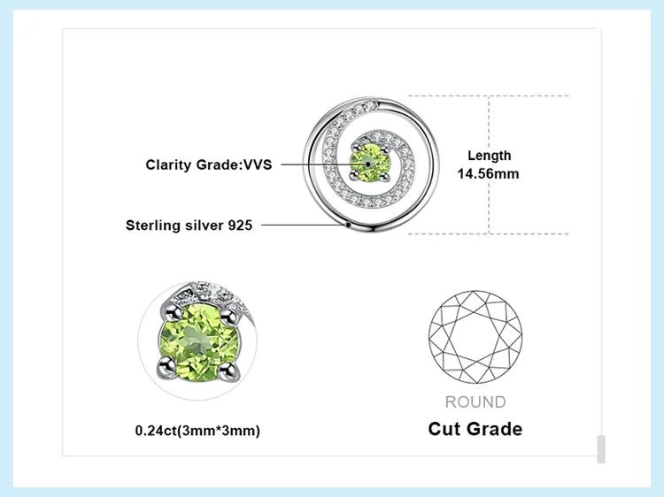 JewelryPalace Circle Round Natural Peridot 925 Sterling Silver Stud Earrings for Women Green Gemstone Fine Jewelry Birthday Gift