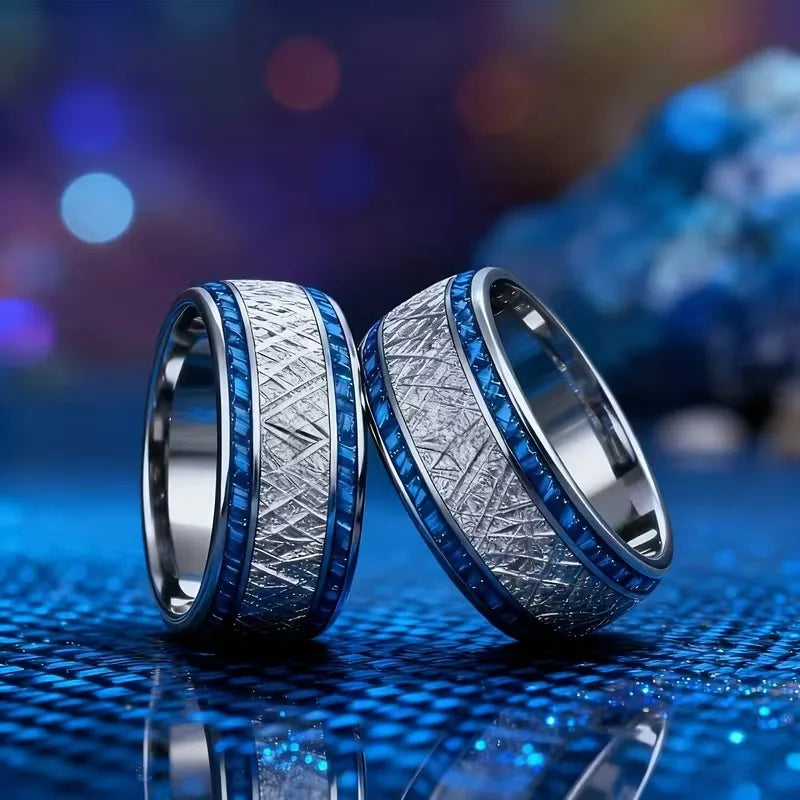 Fashion 8mm Silver Color Stainless Steel Rings for Men, Meteorite Carbon Fiber Inlay Dome Engagement Ring, Men Wedding Jewelry
