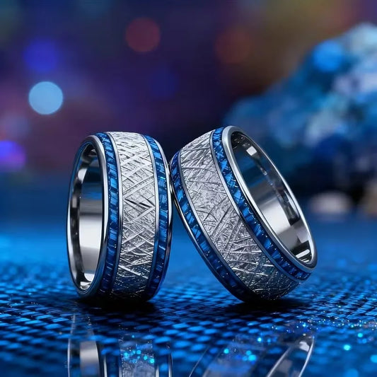 Fashion 8mm Silver Color Stainless Steel Rings for Men, Meteorite Carbon Fiber Inlay Dome Engagement Ring, Men Wedding Jewelry