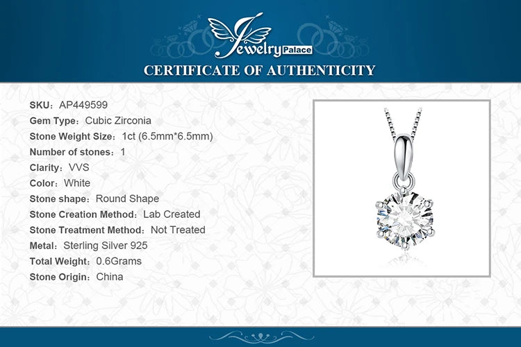 JewelryPalace Classic 1ct Round CZ 925 Sterling Silver Pendant Necklace for Woman No Chain Fine Jewelry Fashion Anniversary Gift