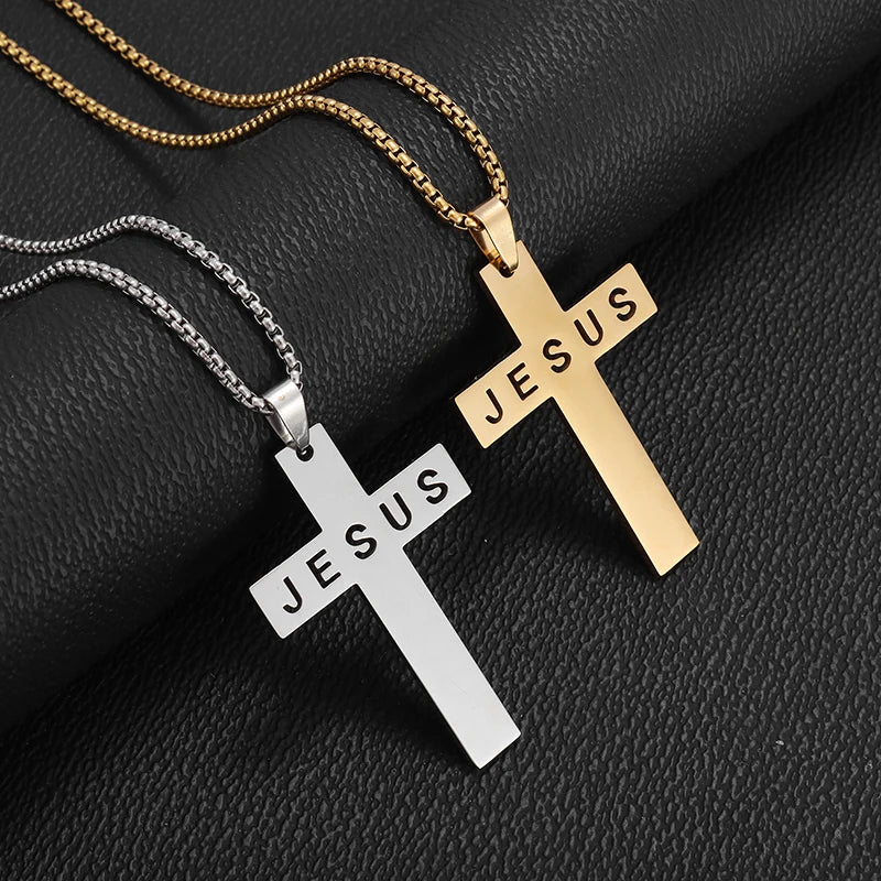 Stainless Steel Cross Letter Pendant Christian Savior Jesus Necklace Men and Women Religious Prayer Amulet Jewelry
