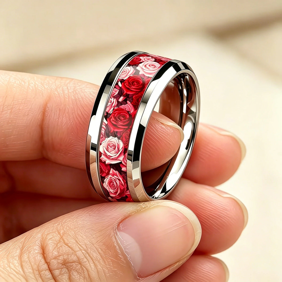 Romantic Red Pink Rose Rings, 8mm Stainless Steel Couple Rings For Men Women, Wedding Band Jewelry Valentine's Day Gift