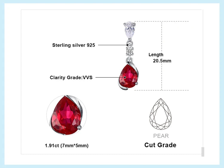 JewelryPalace 1.9ct Pear Created Red Ruby 925 Sterling Silver Drop Earrings for Woman Fashion Gemstone Jewelry Anniversary Gift