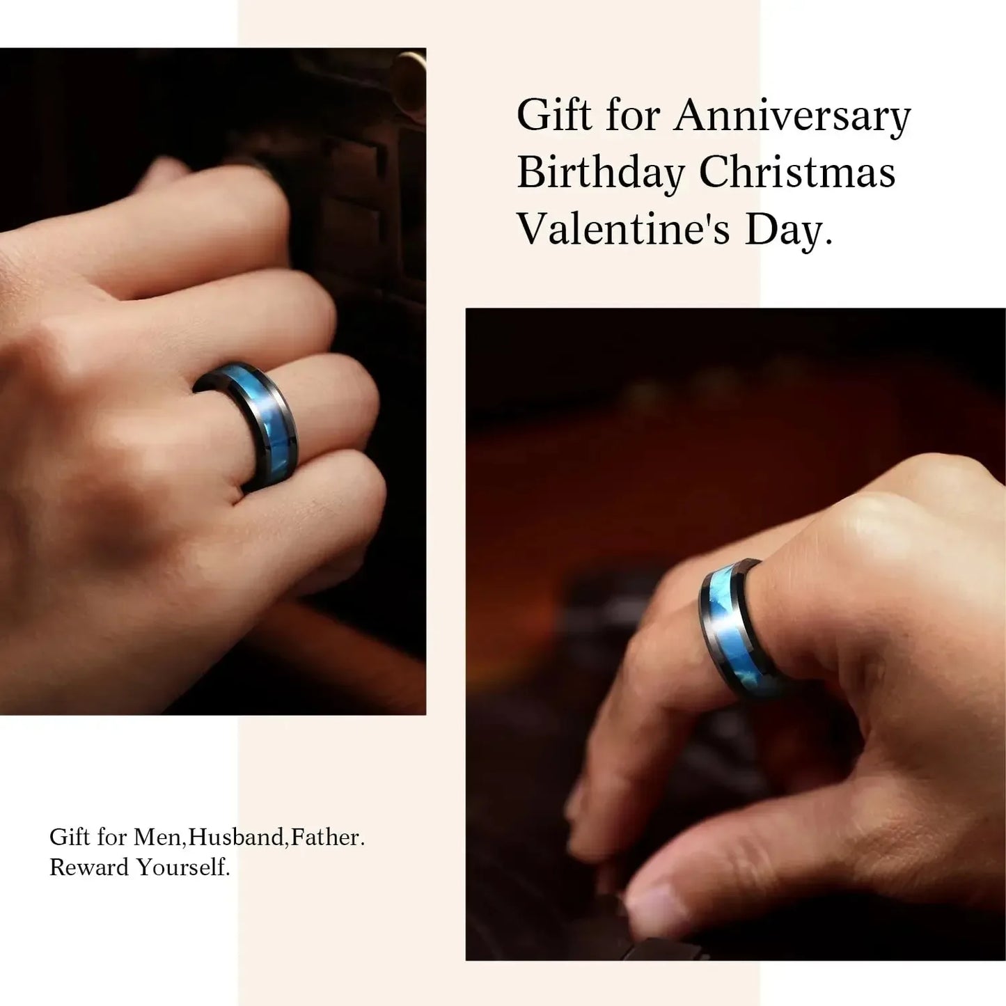 Fashion 8mm Men Black Stainless Steel Rings High Polished Blue Abalone Shell for Men Wedding Party Jewelry Anniversary Gifts
