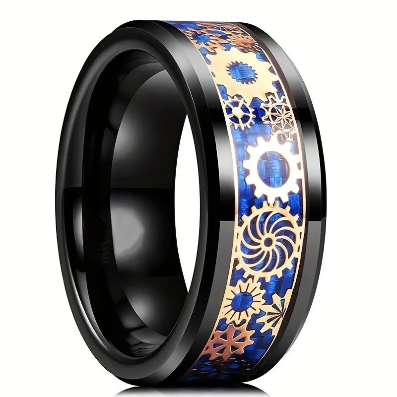 Fashion Steampunk Men Stainless Steel Gear Wheel Rings Inlay Blue Carbon Fiber Rings For Men Punk Wedding Jewelry Drop shipping
