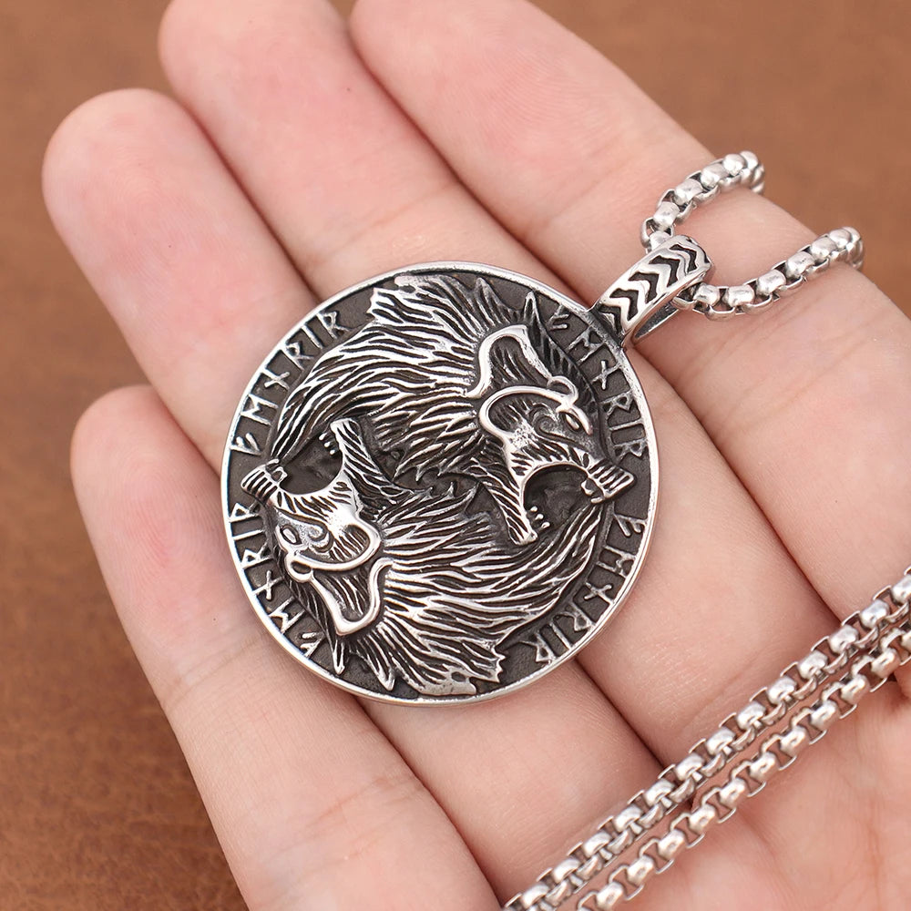Wolf & Lion Pendant Necklace with Norse Runes Vintage Style Viking Tribal Chain for Men, Punk Biker Stainless Steel Jewelry Gift