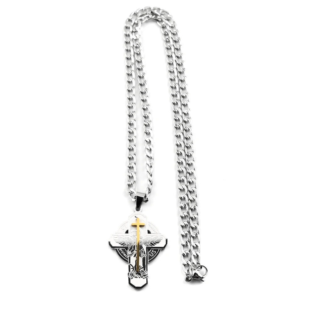 Archangel St.Michael Protect Us Cross Pendant Necklace for Women Men Stainless Steel Catholic Silver Color Amulet Chain Jewelry