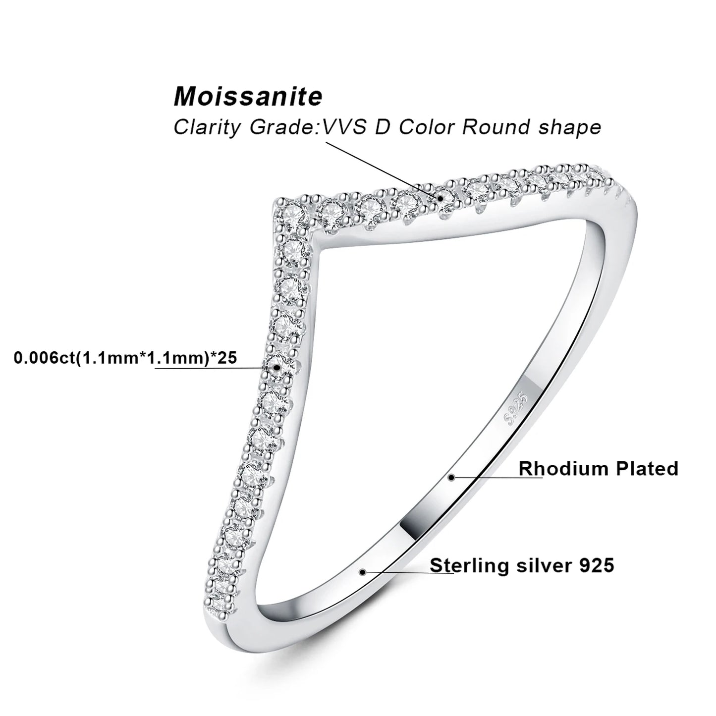 JewelryPalace Moissanite D Color Round Cut 925 Sterling Silver V Shape Stackable Wedding Ring for Woman Yellow Rose Gold Plated