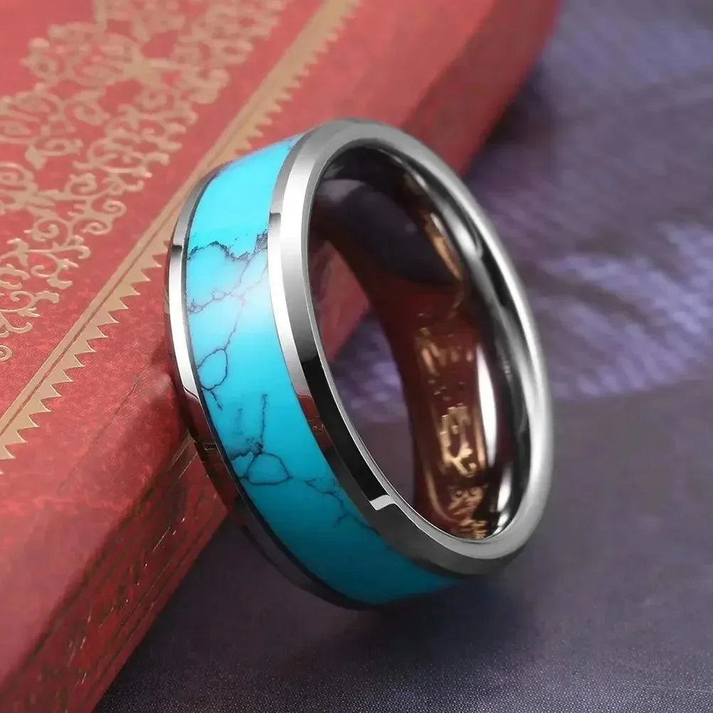 Fashion 8mm Men Stainless Steel Rings Inlay Blue Turquoise Rings For Men Women Wedding Engagement Band Jewelry Gift Wholesale