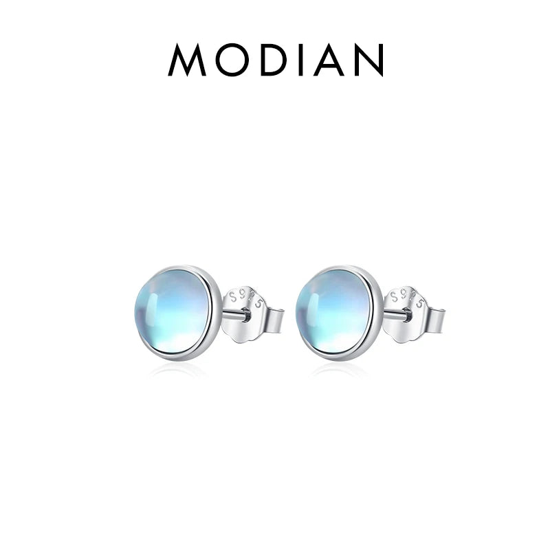 Modian 925 Sterling Silver Round Exquisite Moonstone 4 5 6 MM Stud Earrings Platinum Plated Charm Ear Studs For Women Jewelry 5MM