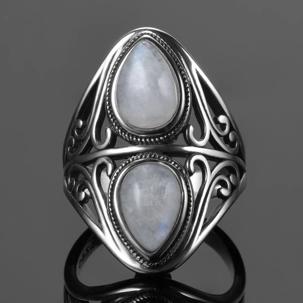 Round Oval Big Natural Moonstones Rings Women's 925 Sterling Silver Rings Gifts Vintage Fine Jewelry R302MS-5
