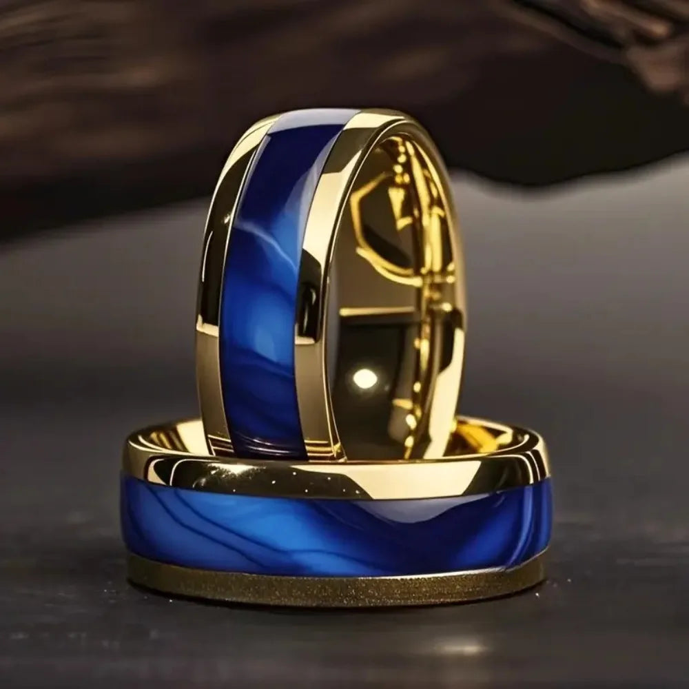 8MM Fashion Sapphire Stainless Steel Ring Women Men Engagement Wedding Band Jewelry Gold Color Personality Steel Ring for Gift