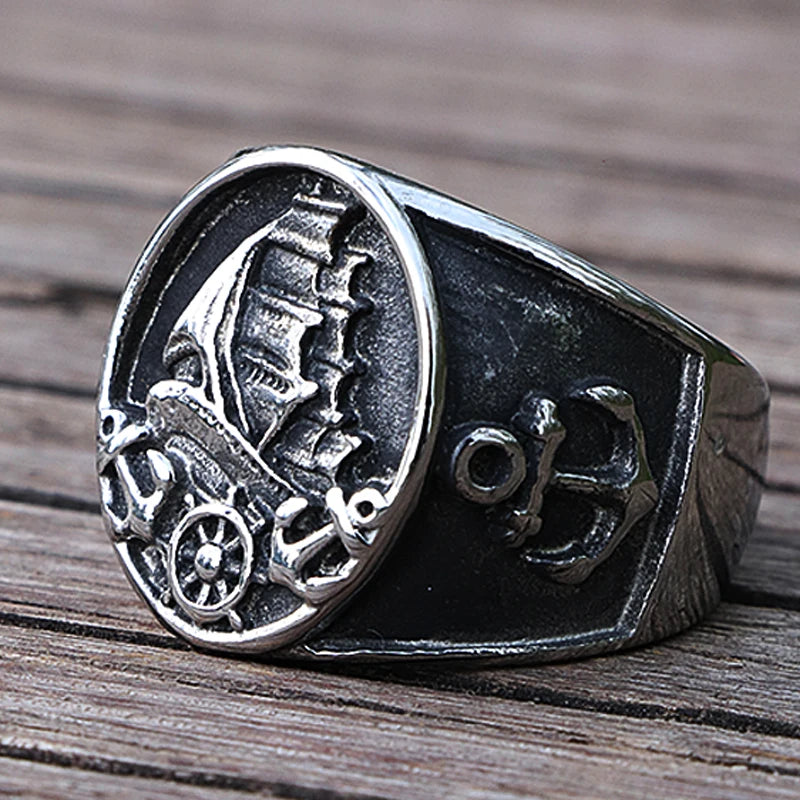 Nordic Sailboat Pirate Ring For Men 316L Stainless Steel Biker Viking Ring Men Women Compass Anchor Rings Fashion Jewelry Gift