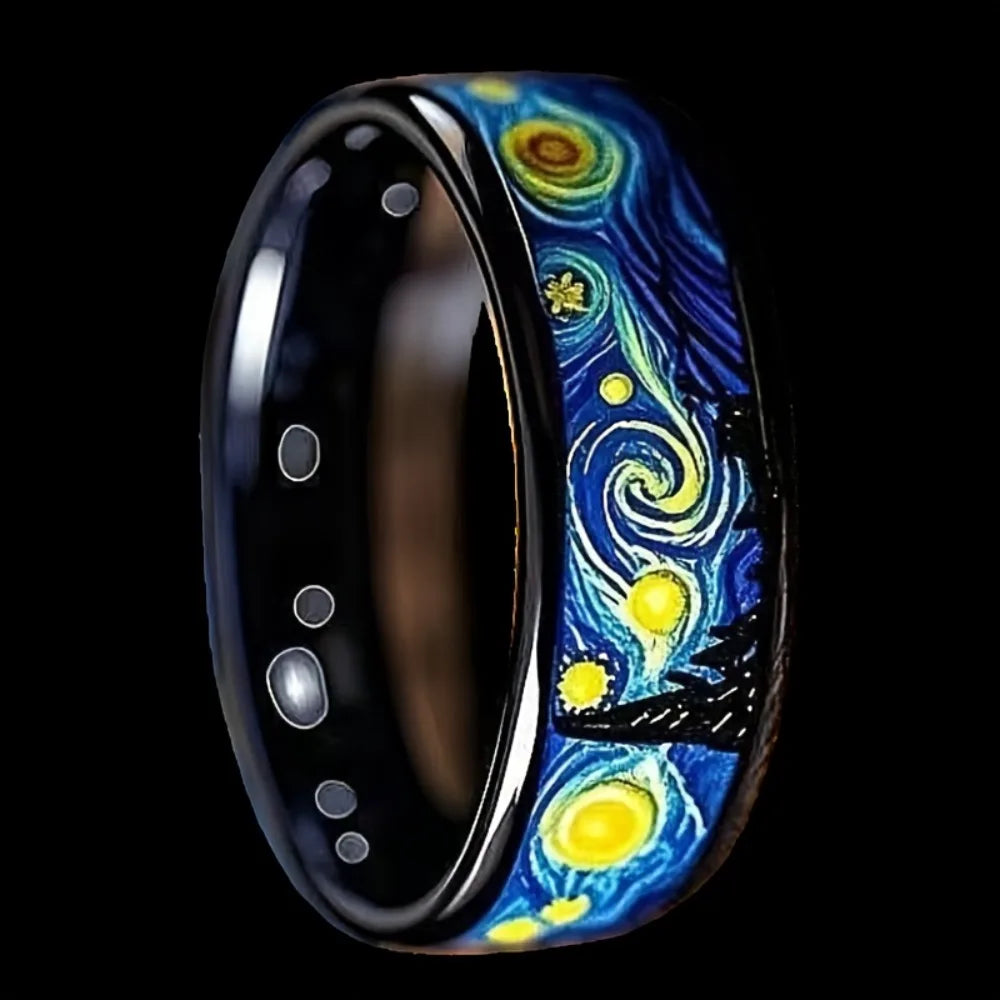 Unique Starry Night Pattern Men's Black Ring Personality Women Wedding Band Jewelry Unisex Party Accessories Wholesale