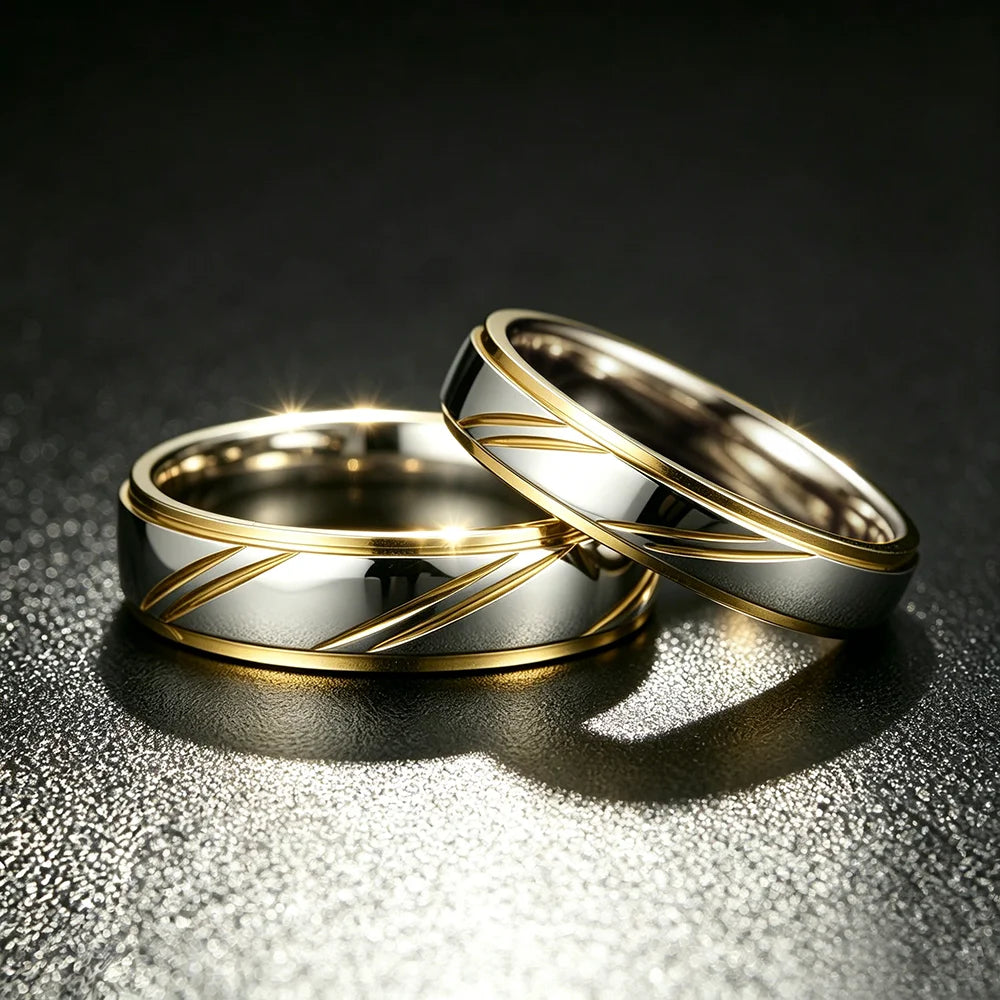Trendy Stainless Steel Couple Rings For Men Women Unique Groove Wave Pattern Ring Wedding Party Jewelry Valentines Day Gifts